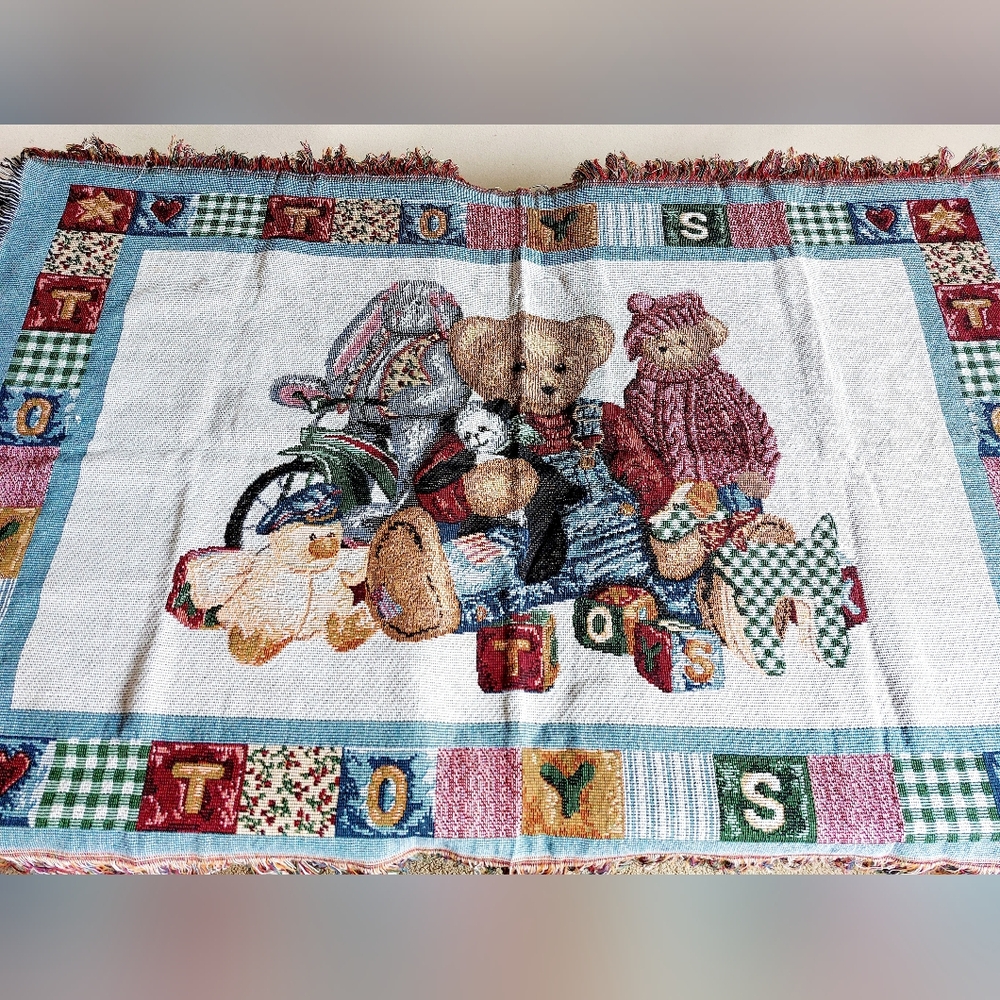 Blue Jean Teddy Bear Tapestry Throw Blanket Vintags 80s/90s Nursery Decor